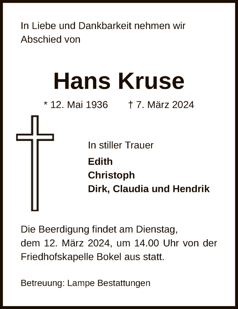  Traueranzeige für Hans Kruse vom 09.03.2024 aus UEL