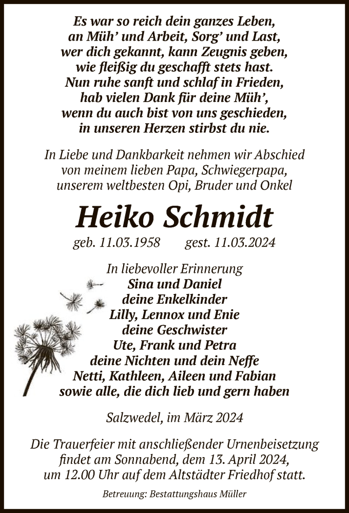  Traueranzeige für Heiko Schmidt vom 15.03.2024 aus UEL