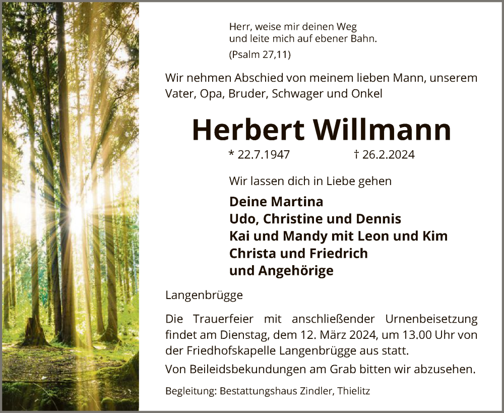  Traueranzeige für Herbert Willmann vom 02.03.2024 aus UEL