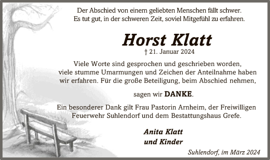 Traueranzeige von Horst Klatt von UEL