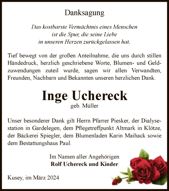 Traueranzeige von Inge Uchereck von UEL