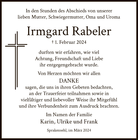 Traueranzeige von Irmgard Rabeler von UEL