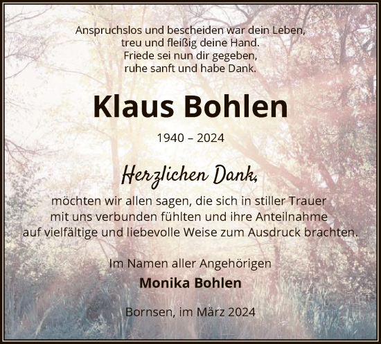 Traueranzeige von Klaus Bohlen von UEL