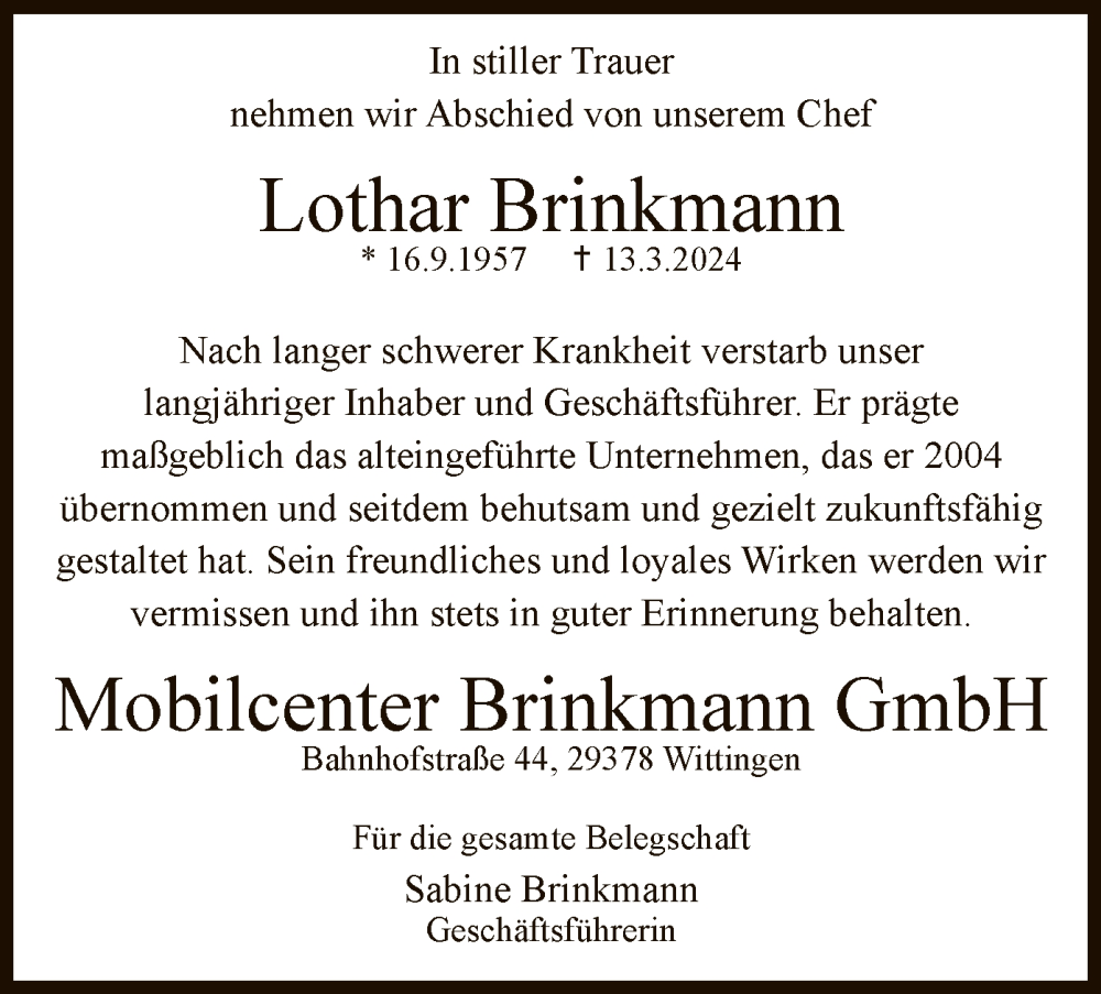  Traueranzeige für Lothar Brinkmann vom 30.03.2024 aus UEL