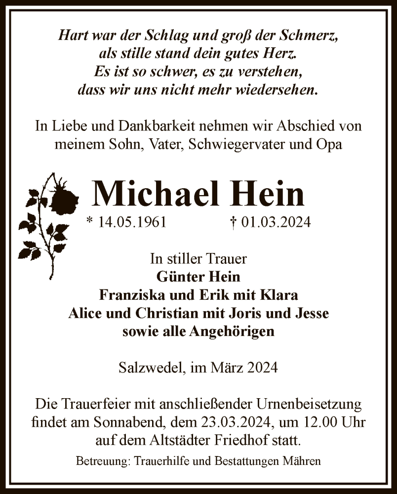  Traueranzeige für Michael Hein vom 07.03.2024 aus UEL