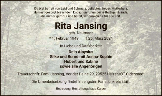 Traueranzeige von Rita Jansing von UEL