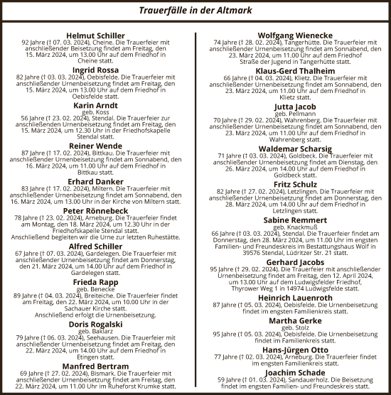 Traueranzeige von Sterbetafel vom 12.03.2024 von UEL