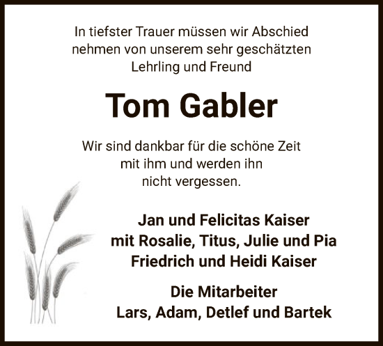 Traueranzeige von Tom Gabler von UEL