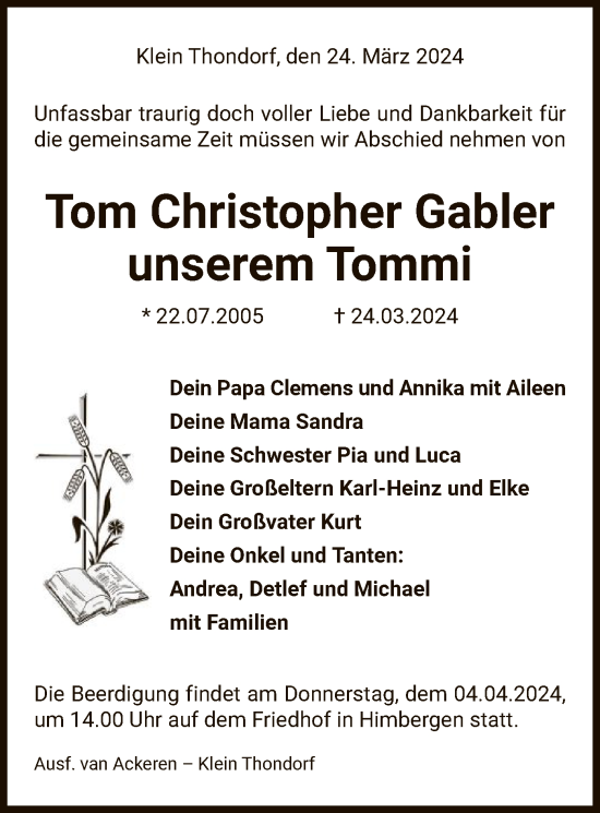 Traueranzeige von Tom Gabler von UEL