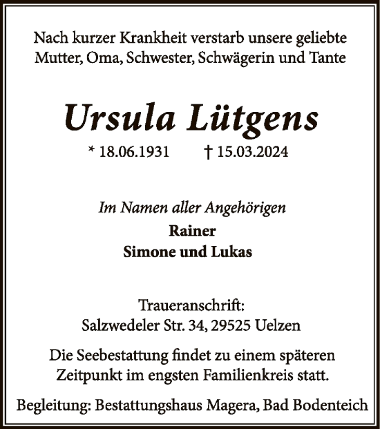 Traueranzeige von Ursula Lütgens von UEL