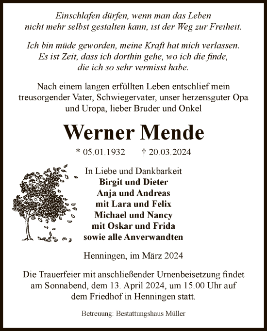 Traueranzeige von Werner Mende von UEL