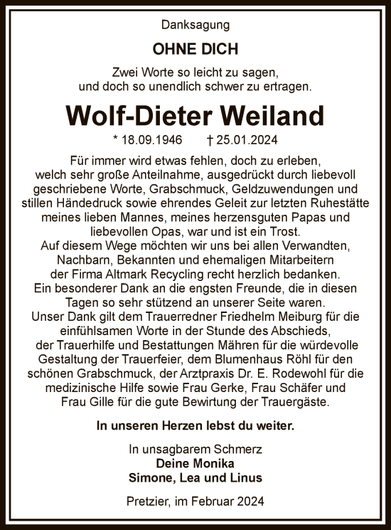 Traueranzeige von Wolf-Dieter Weiland von UEL