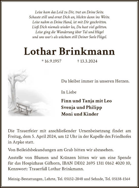 Traueranzeige von Lothar Brinkmann von UEL