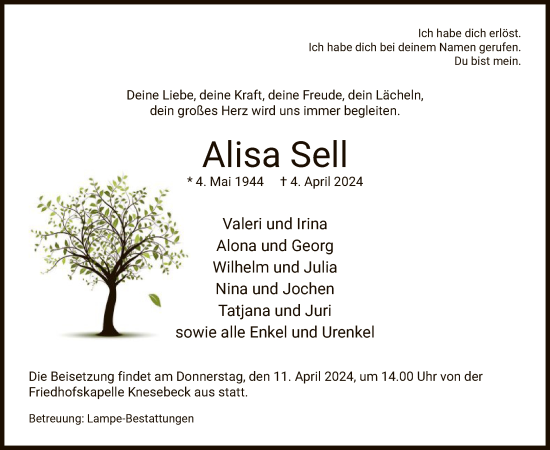 Traueranzeige von Alisa Sell von UEL