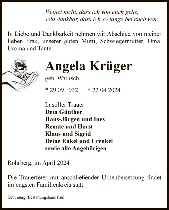 Traueranzeige von Angela Krüger von UEL