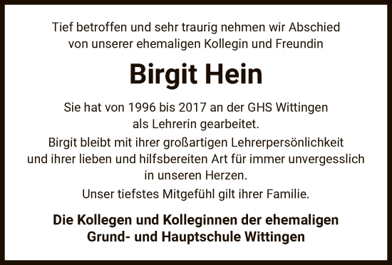 Traueranzeige von Birgit Hein von UEL