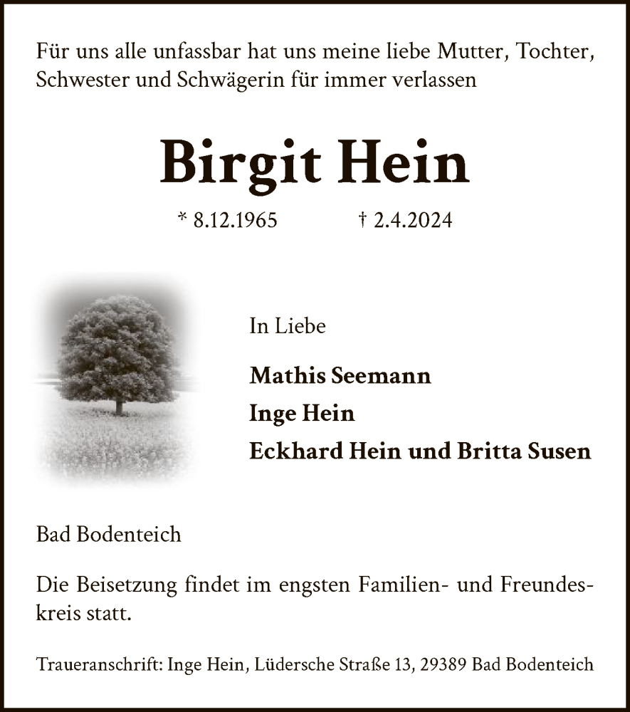  Traueranzeige für Birgit Hein vom 06.04.2024 aus UEL