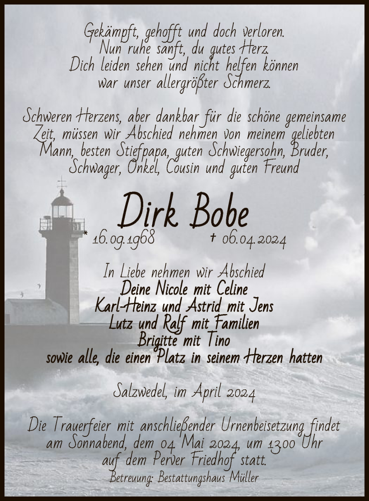  Traueranzeige für Dirk Bobe vom 10.04.2024 aus UEL