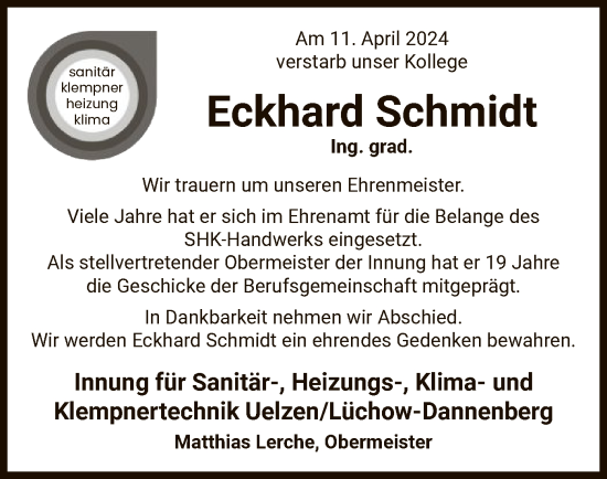 Traueranzeige von Eckhard Schmidt von UEL