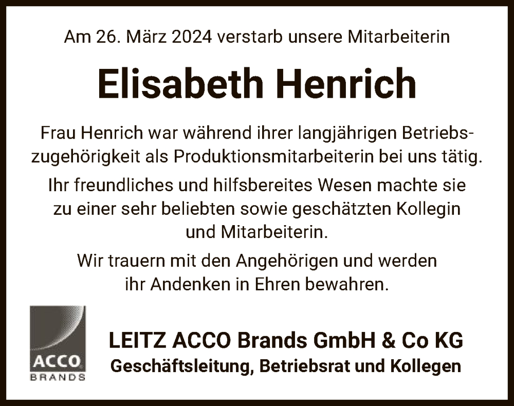  Traueranzeige für Elisabeth Henrich vom 06.04.2024 aus UEL
