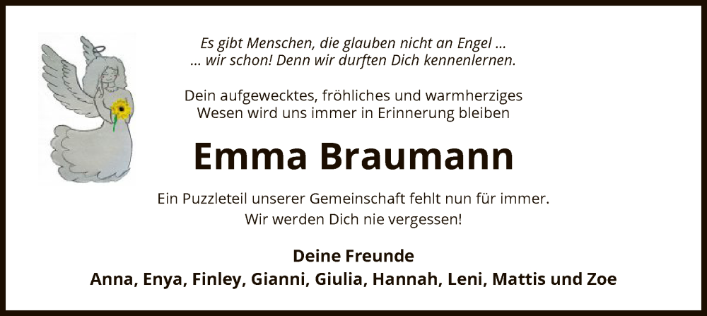  Traueranzeige für Emma Braumann vom 20.04.2024 aus UEL