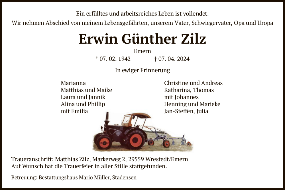  Traueranzeige für Erwin Günther Zilz vom 27.04.2024 aus UEL