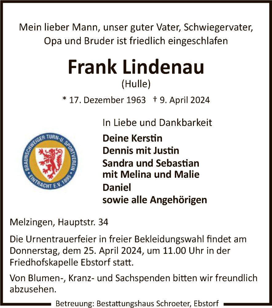  Traueranzeige für Frank Lindenau vom 13.04.2024 aus UEL
