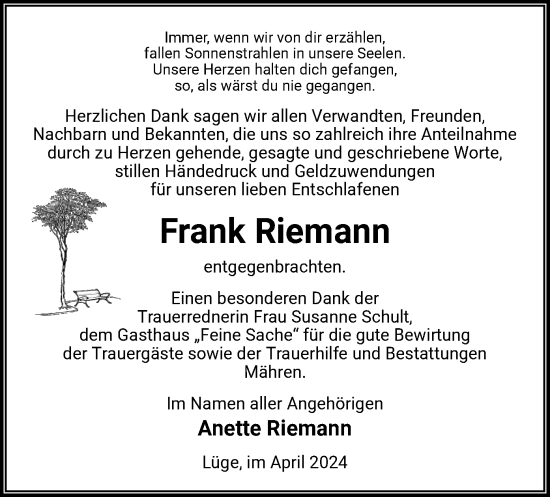 Traueranzeige von Frank Riemann von UEL