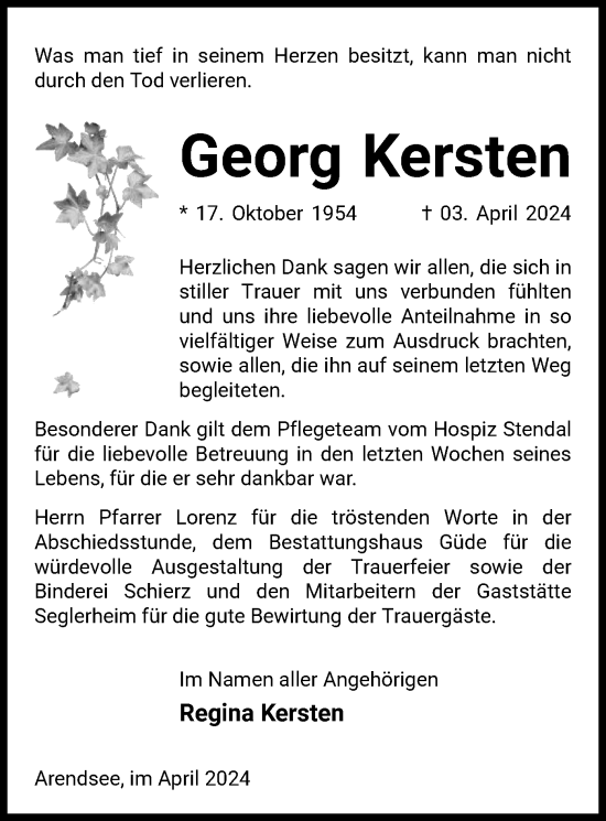 Traueranzeige von Georg Kersten von UEL