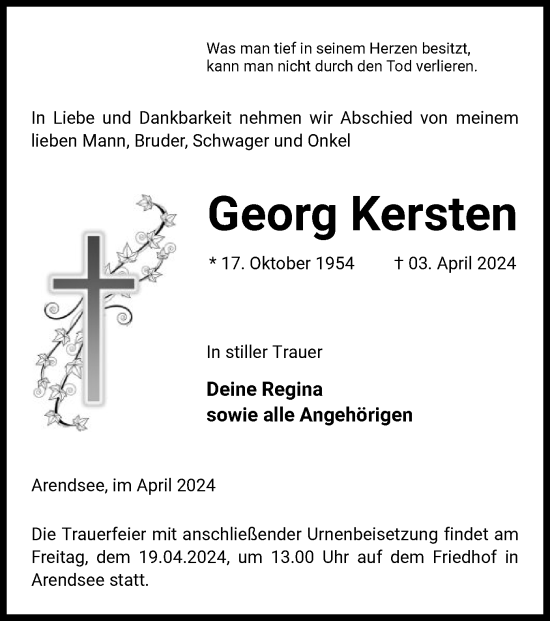 Traueranzeige von Georg Kersten von UEL