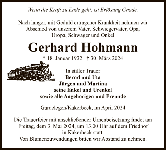 Traueranzeige von Gerhard Hohmann von UEL