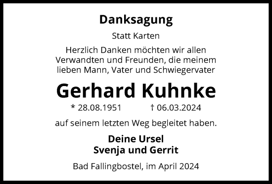 Traueranzeige von Gerhard Kuhnke von UEL