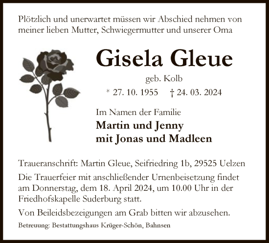 Traueranzeige von Gisela Gleue von UEL