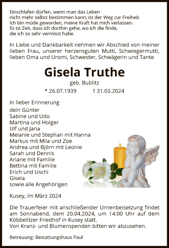 Traueranzeige von Gisela Truthe von UEL