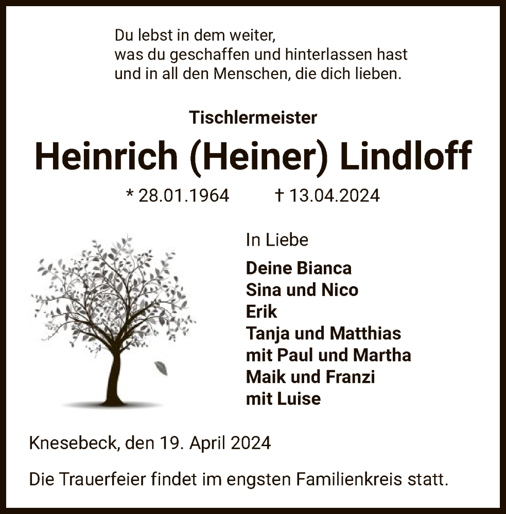  Traueranzeige für Heinrich Lindloff vom 19.04.2024 aus UEL