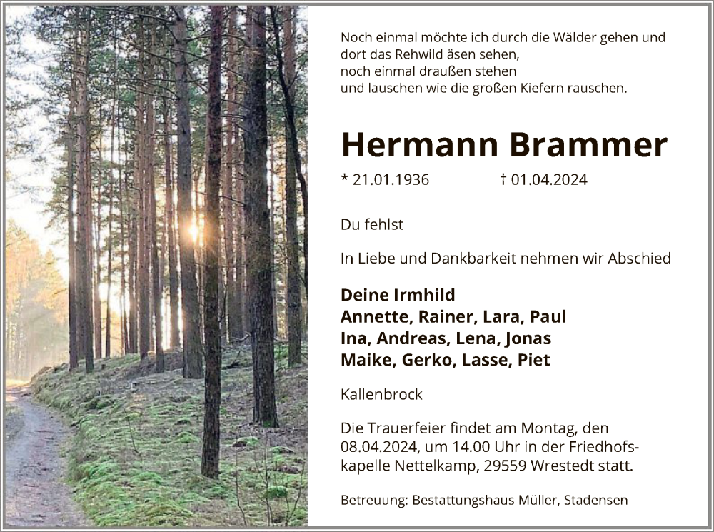  Traueranzeige für Hermann Brammer vom 04.04.2024 aus UEL