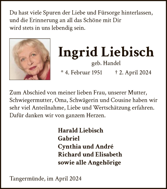 Traueranzeige von Ingrid Liebisch von UEL