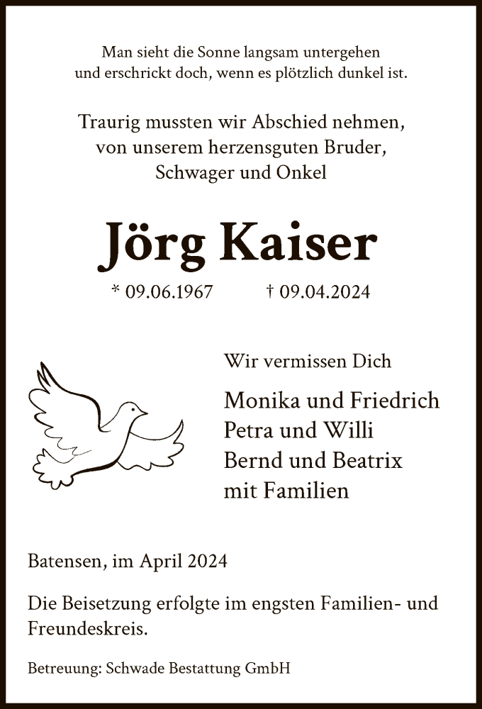  Traueranzeige für Jörg Kaiser vom 27.04.2024 aus UEL