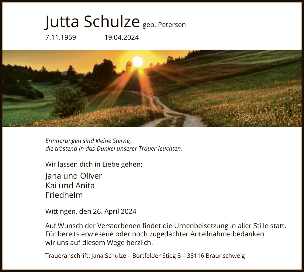  Traueranzeige für Jutta Schulze vom 26.04.2024 aus UEL