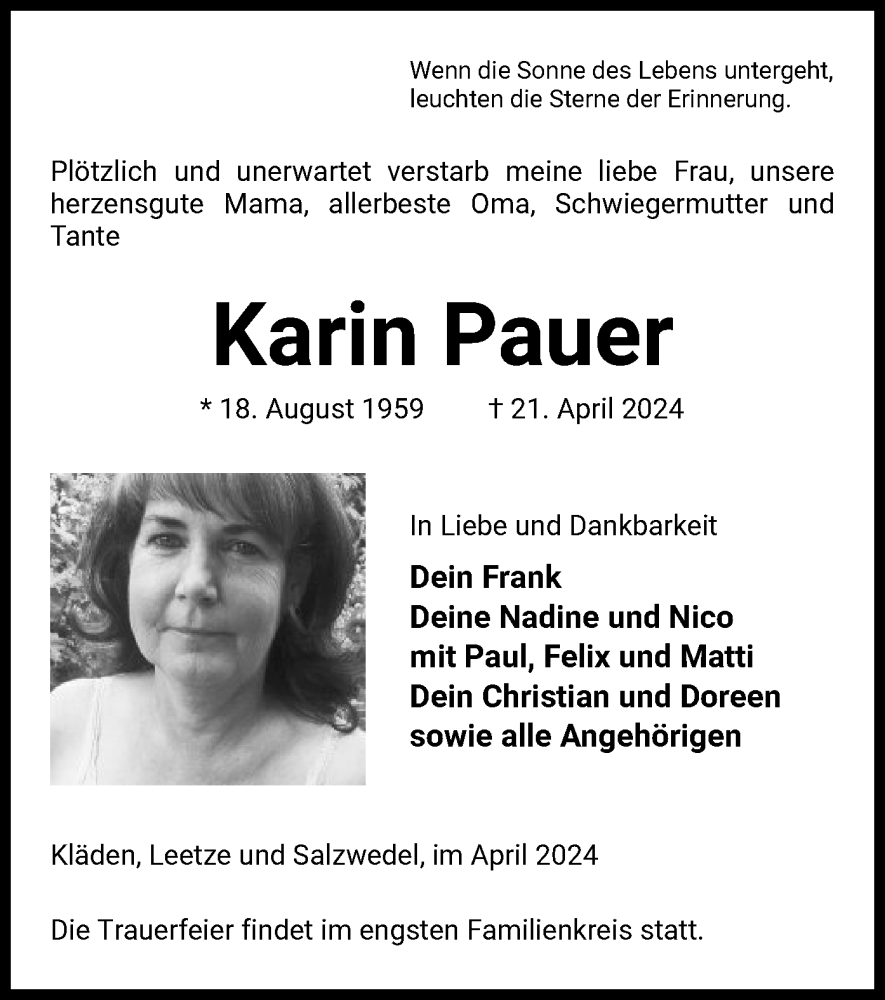  Traueranzeige für Karin Pauer vom 27.04.2024 aus UEL
