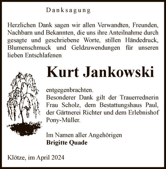 Traueranzeige von Kurt Jankowski von UEL