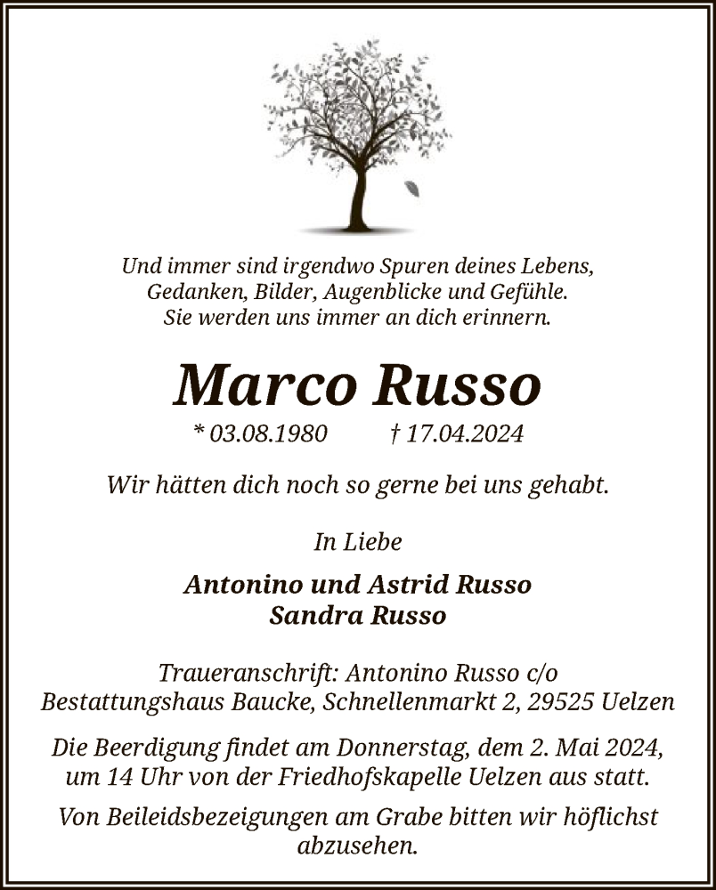  Traueranzeige für Marco Russo vom 27.04.2024 aus UEL