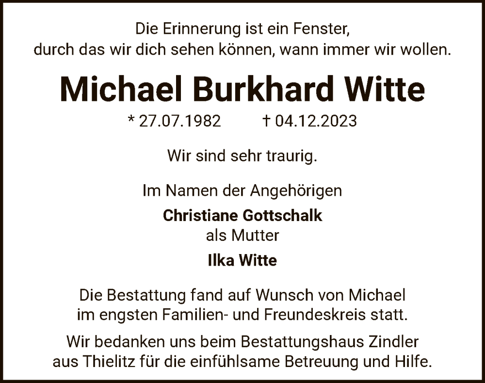  Traueranzeige für Michael Burkhard Witte vom 20.04.2024 aus UEL