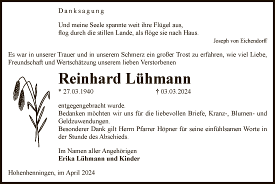 Traueranzeige von Reinhard Lühmann von UEL