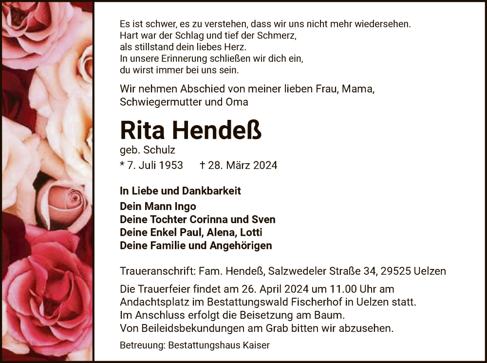  Traueranzeige für Rita Hendeß vom 20.04.2024 aus UEL
