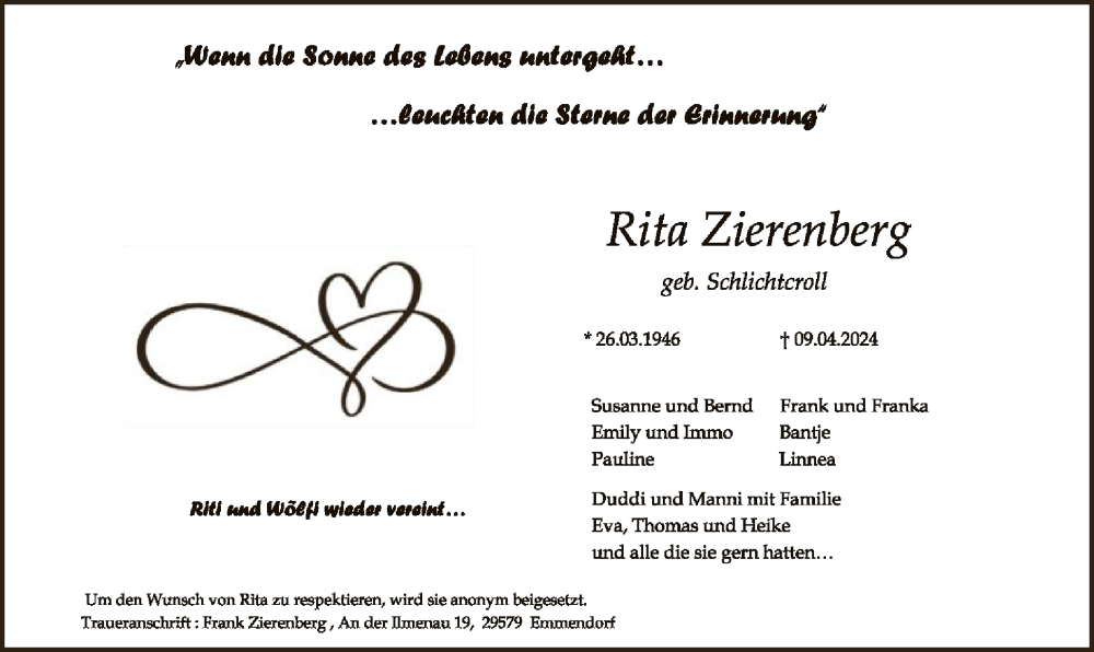  Traueranzeige für Rita Zierenberg vom 13.04.2024 aus UEL