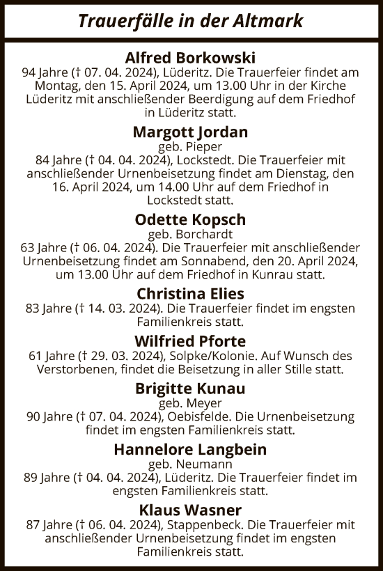 Traueranzeige von Sterbetafel vom 11.04.2024 von UEL