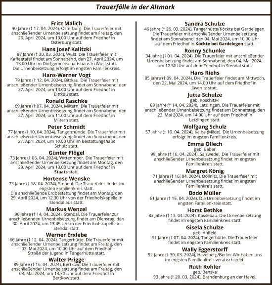 Traueranzeige von Sterbetafel vom 23.04.2024 von UEL