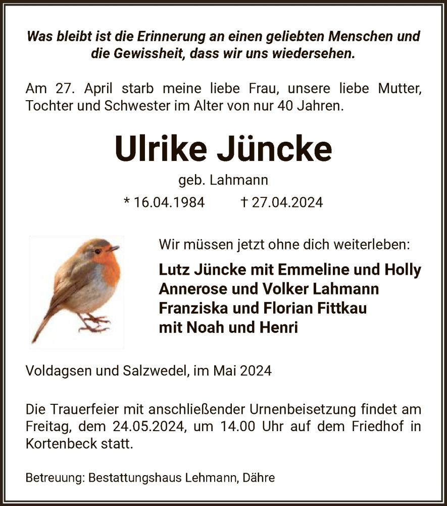 Traueranzeige für Ulrike Jüncke vom 30.04.2024 aus UEL
