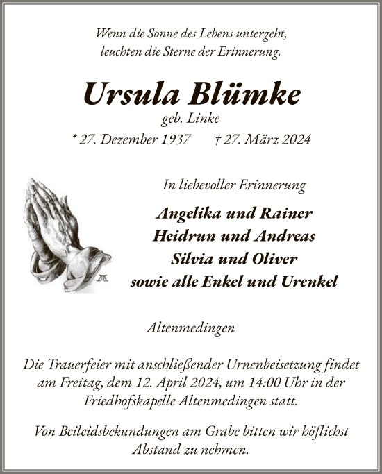 Traueranzeige von Ursula Blümke von UEL